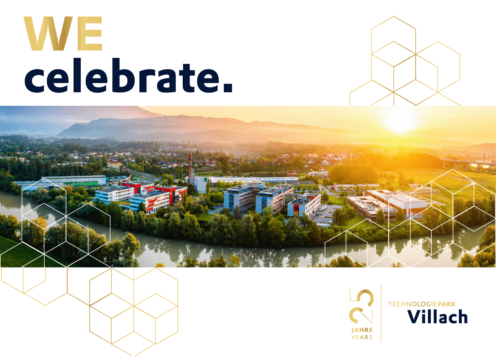 We celebrate Jubiläumsgrafik Technologiepark Villach mit Schriftzug "We celebrate"