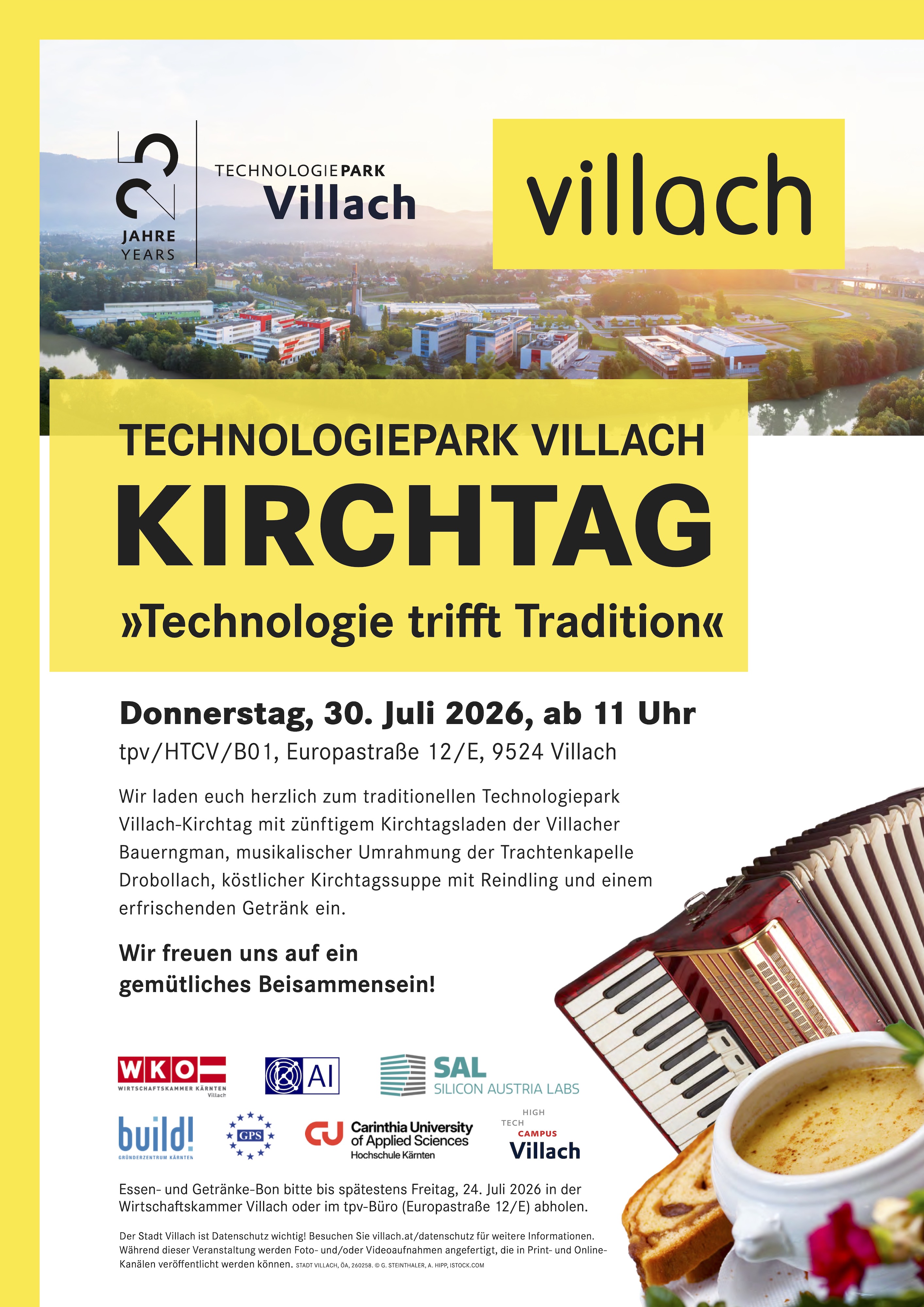 Einladung zum Kirchtag im Technologiepark Villach Plakat „Tradition trifft Innovation“