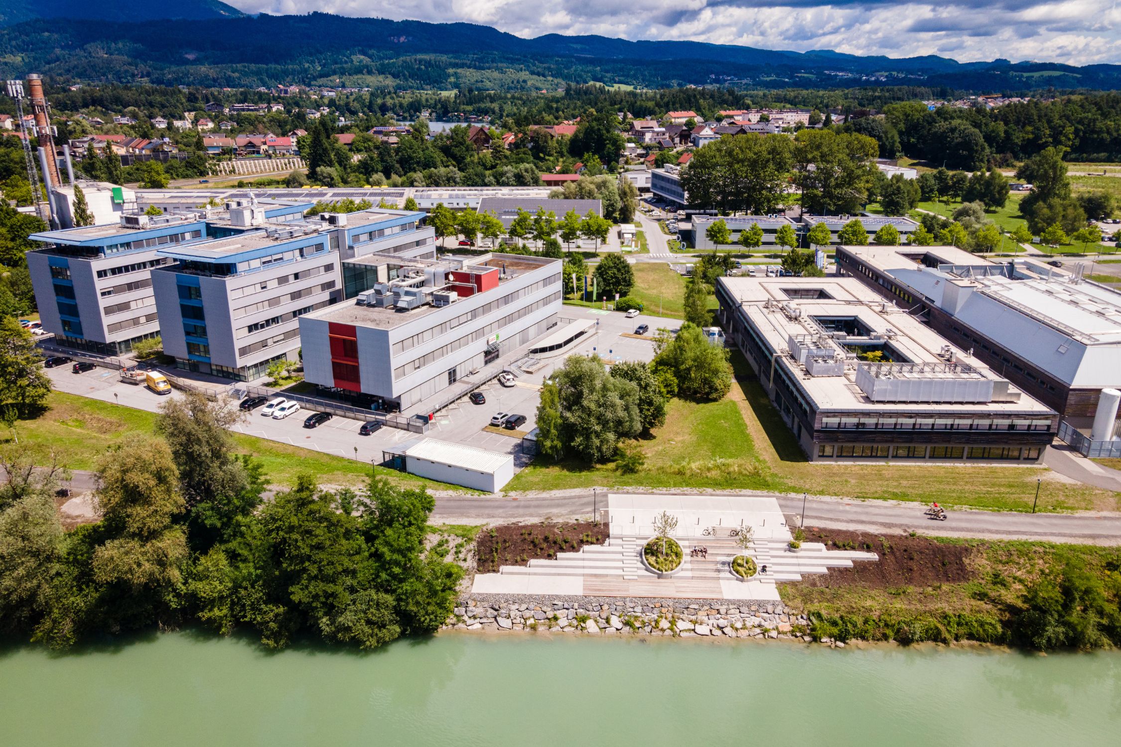 Drone shot of the new river terrace and surrounding buildings